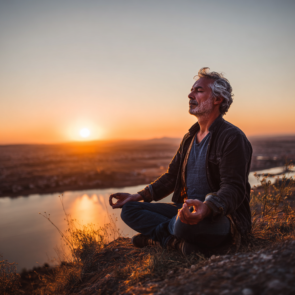 Чоловік 58 років медитує на природі під час сходу сонця, втілюючи філософію балансу та усвідомленості