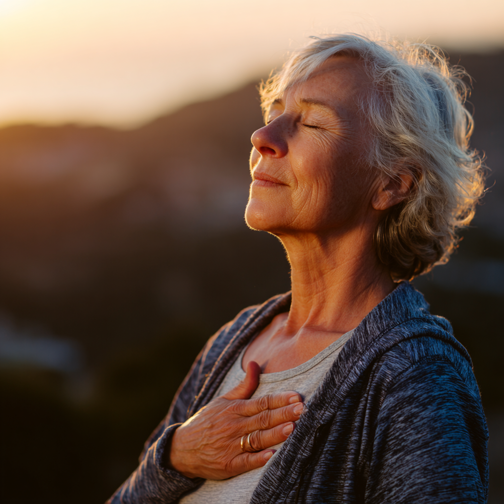 Жінка 60 років виконує дихальні вправи на природі в ранковому світлі, демонструючи техніки пранаями