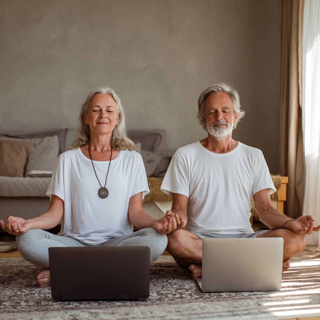 Пара у віці 52-58 років практикують йогу вдома перед екраном комп'ютера, демонструючи онлайн заняття